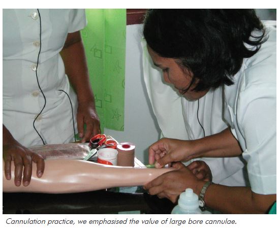 Cannulation practice, we emphasised the value of large bore cannulae.