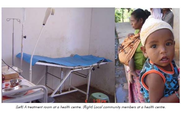 (Left) A treatment room at a health centre. (Right) Local community members at a health centre.