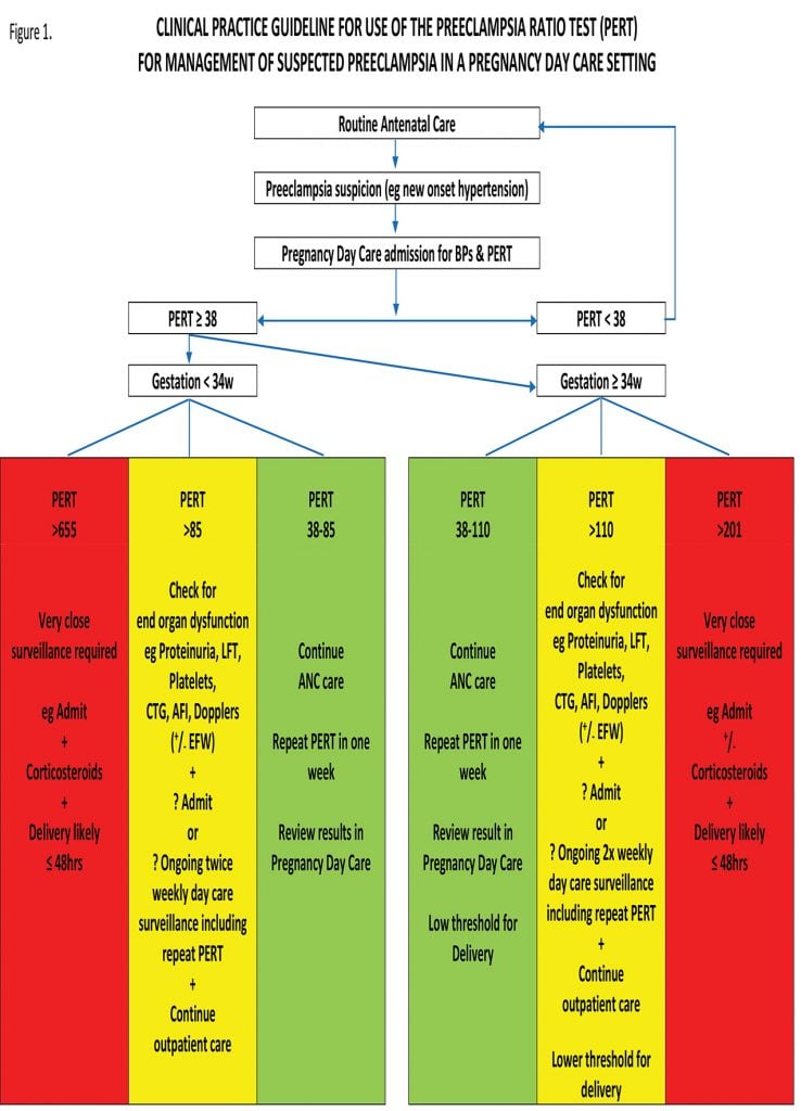 Figure 1. Clinical practice guideline for the use of the preeclapsia ratio test (PERT)