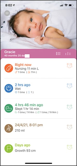 Screenshot from Baby Tracker, documenting feeding, sleeping, nappies and growth.