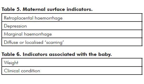 Table 5. Maternal surface indicators, and Table 6. Indicators associated with the baby.