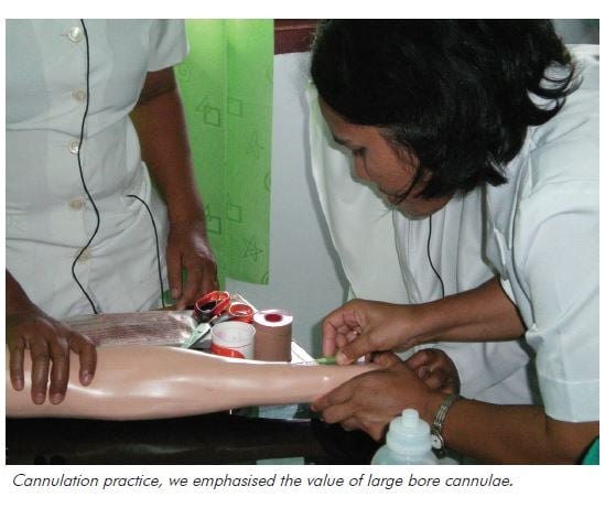 Cannulation practice, we emphasised the value of large bore cannulae.