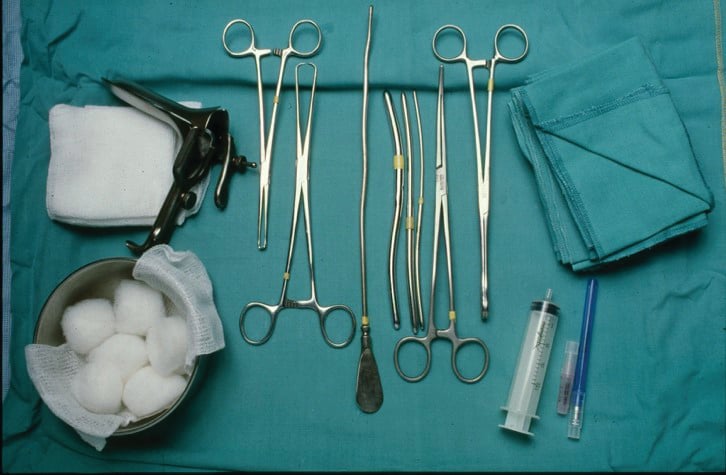 Equipment prepared for a surgical abortion procedure.