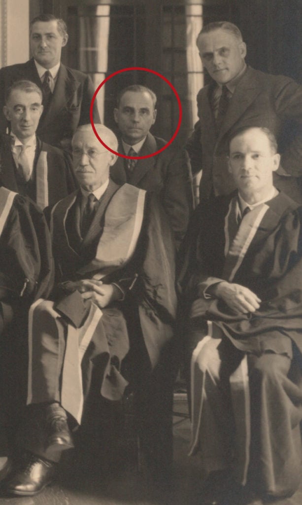 Aleck Bourne (centre) with colleagues from the Council of the British College of Obstetricians and Gynaecologists, taken in College House, Queen Anne Street, London, in 1934. Image on loan from the RCOG Archives.