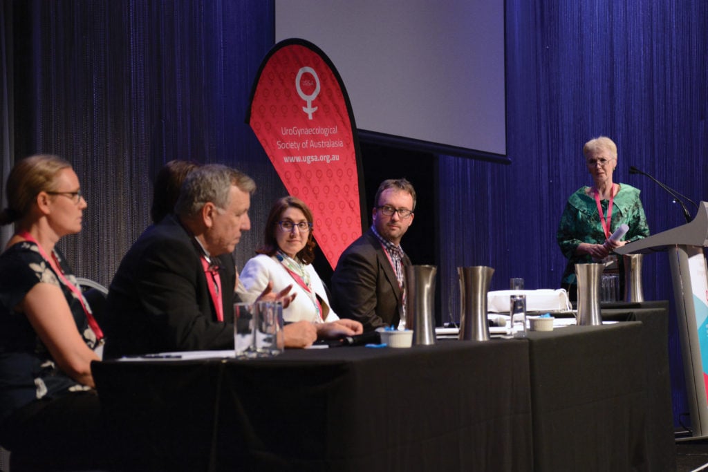 Balancing surgical innovation and patient safety. (L to R) Dr Katrina Hutchison, bioethicist; Dr Andrew Pesce, previous AMA President, general O&G; (Dr Tim Greenaway, TGA); (Dr Rupert Sherwood, previous RANZCOG President, general O&G); Dr Anna Rosamilia, urogynaecologist; Dr John Short, UGSA Vice-Chair, urogynaecologist.