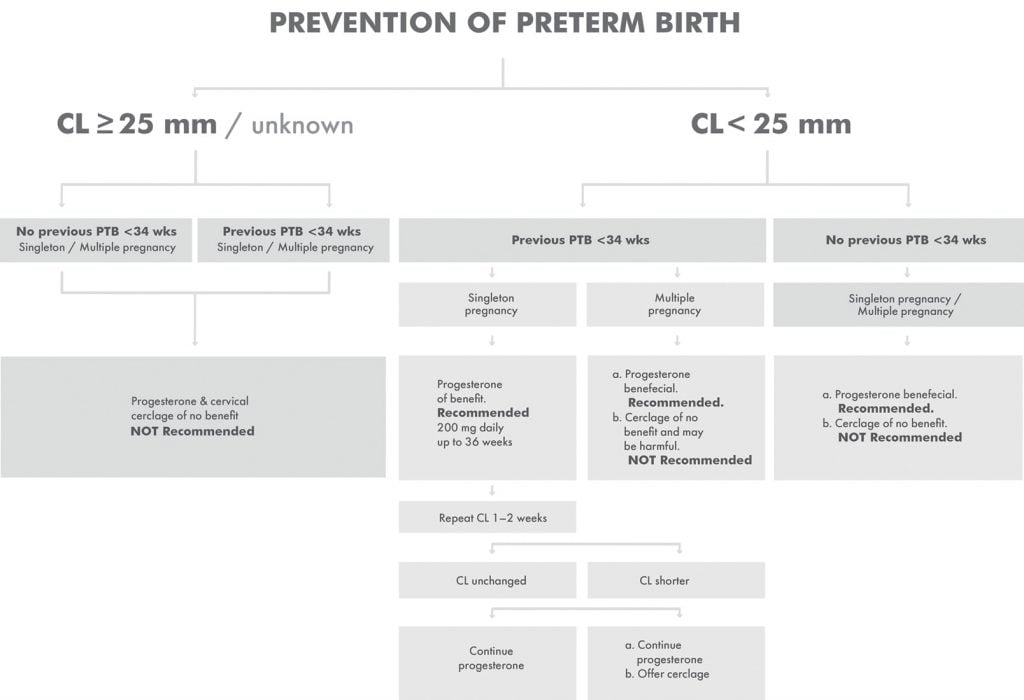 Flowchart for the use of progesterone to prevent preterm birth.