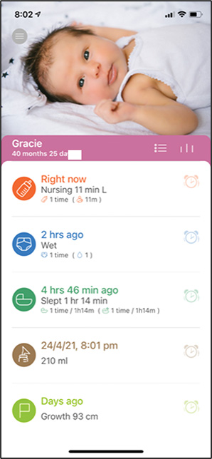 Screenshot from Baby Tracker, documenting feeding, sleeping, nappies and growth.