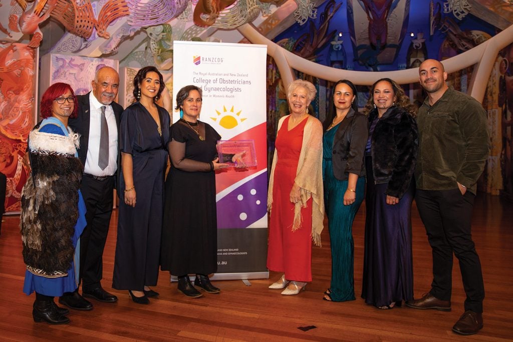 (Left to right): Dr Kasey Tawhara, Te Ururoa Flavell, Nadine Riwai, Prof Sandra Morrison, Elaine Kameta, Tiria Waitai, Eruera Keepa.