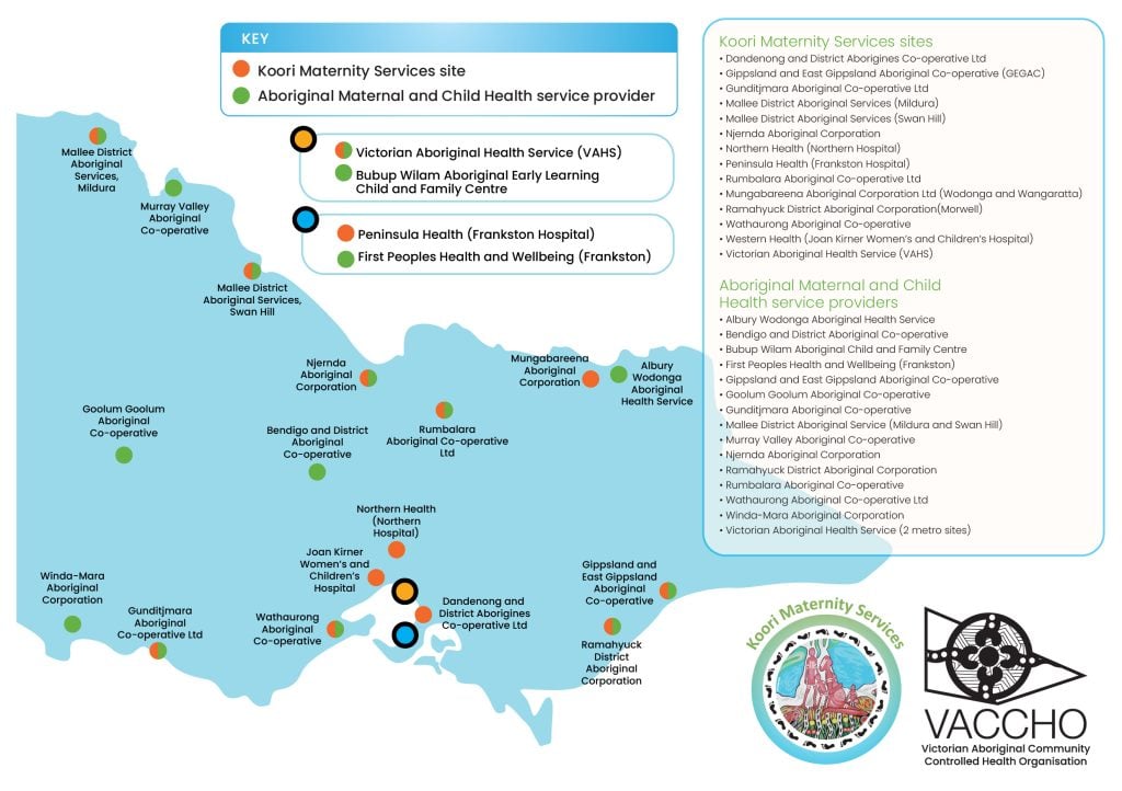 A map of Koori Maternity Services across Victoria