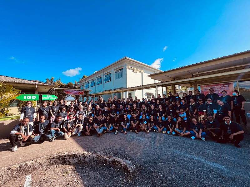 Mother Ignacia Hospital Staff and visitors outside the Peter Scott Education Centre